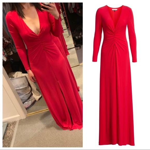 Halston Heritage Dresses & Skirts - Red V-Neck Ruched Jersey Gown
